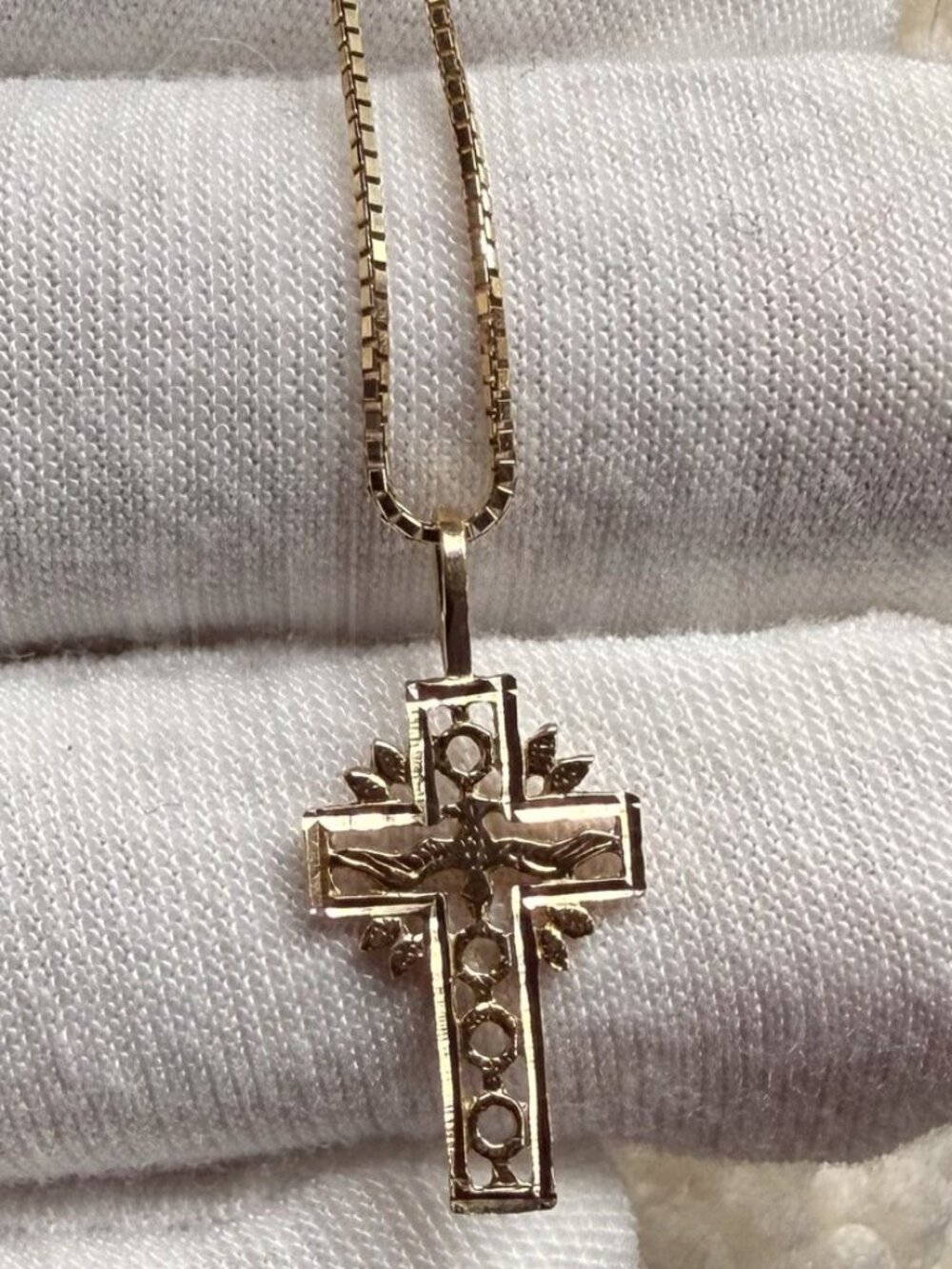 14K Yellow Gold Religious Cross Pendant With 0.8mm Box Chain - 16 inch